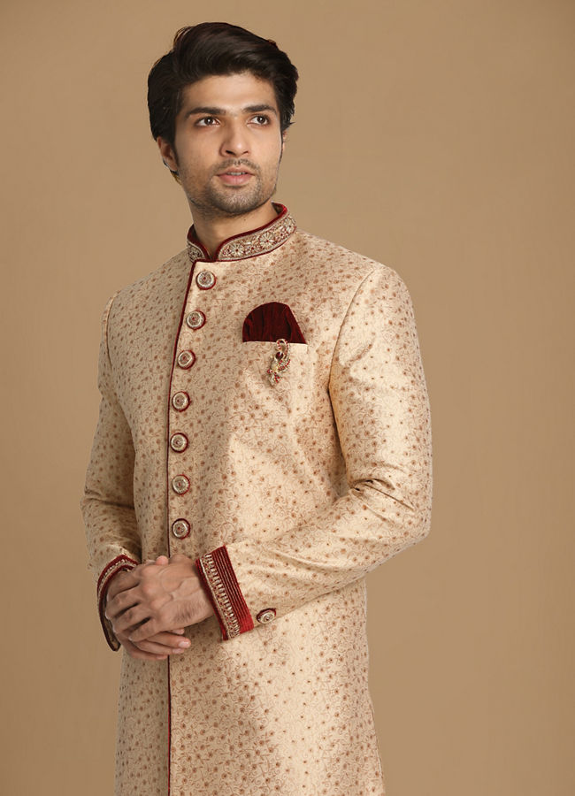 alt message - Manyavar Men Fashionable Fawn Indo Western Set image number 0